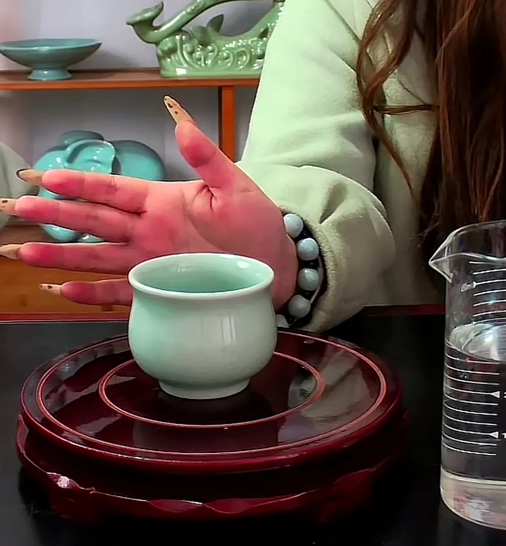 手工拉坯对杯手绘圆融杯粉青釉汝窑茶杯绿色陶瓷杯品茗杯茶具家用