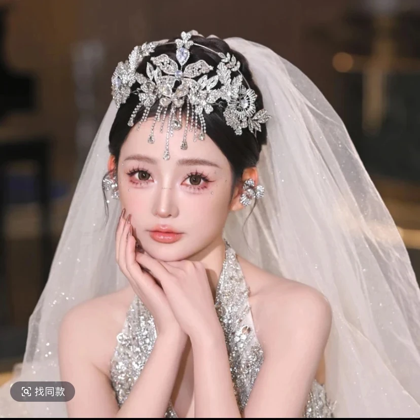 6898满钻重工高端复古皇冠新娘婚礼主纱带流苏额饰王冠跟妆