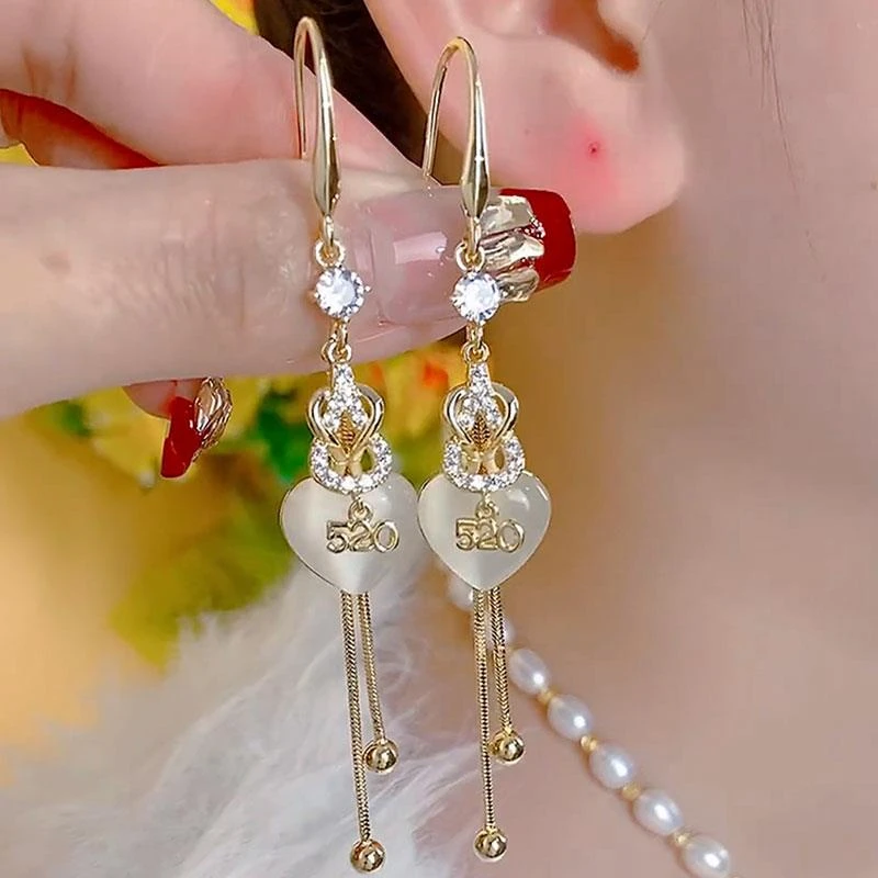 925银耳饰 防过敏法式风表白爱心轻奢流苏锆石耳环百搭气质正品耳