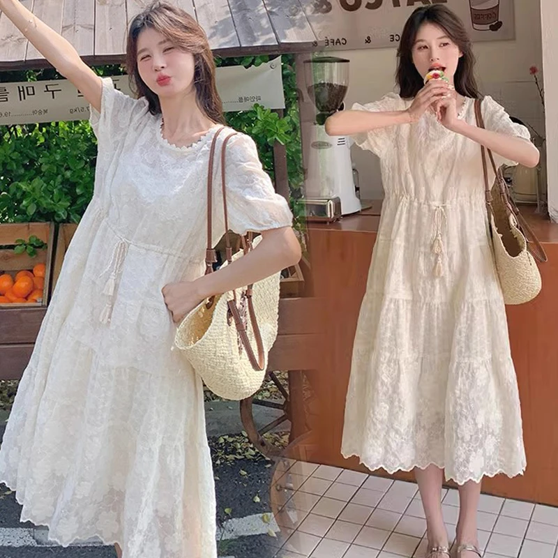 R861#5.24 杏色精致镂空2025夏新款法式显瘦气质温柔风蕾丝裙