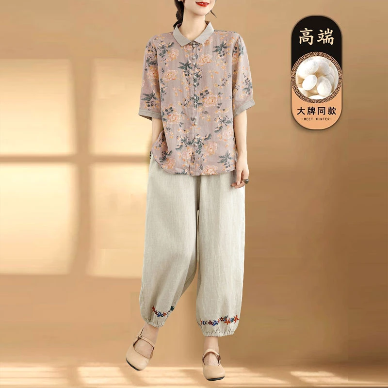 2025时尚新款复古韩版大码显瘦印花文艺复髦亚麻夏季衬衫/套装女