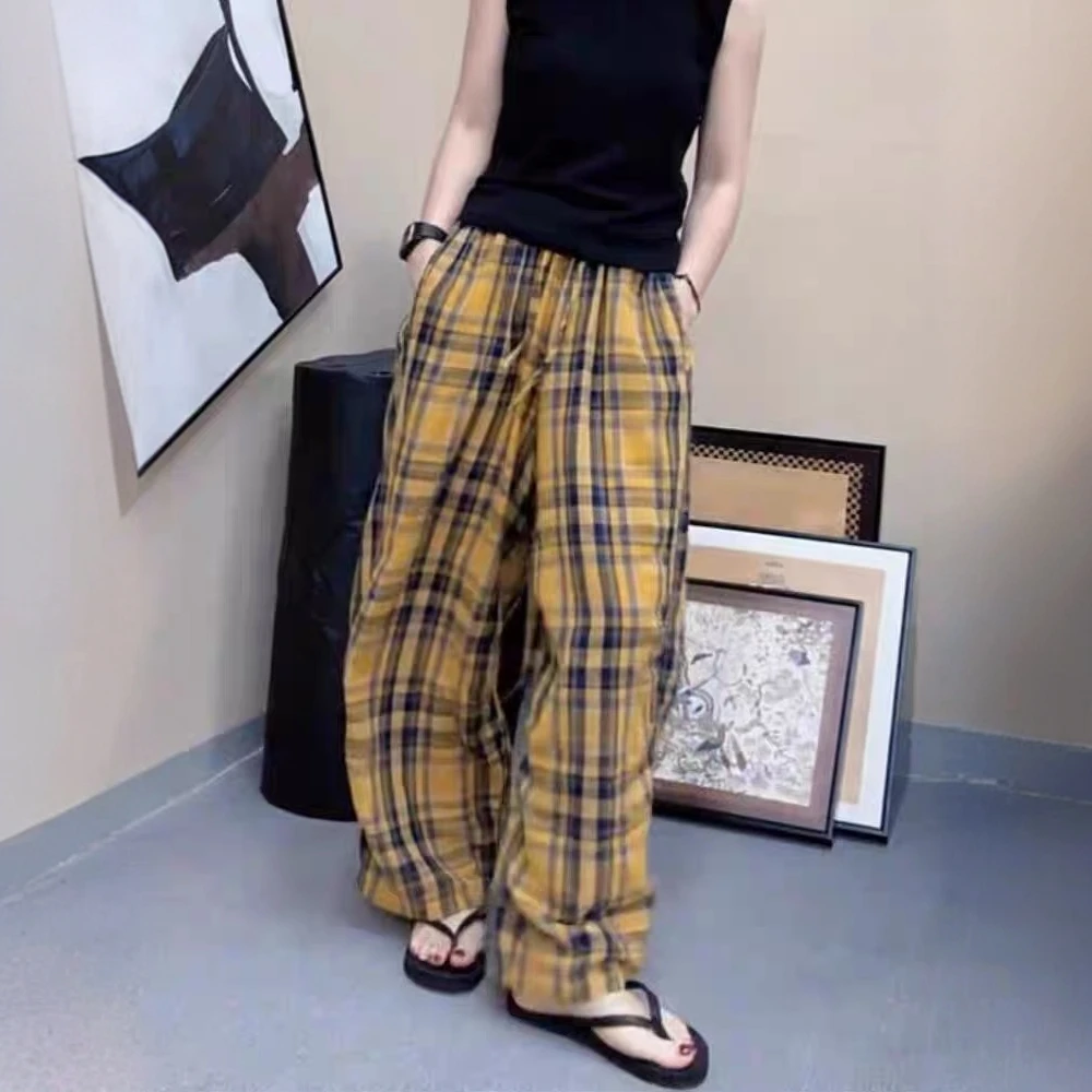 黄色格子阔腿裤女2025夏季新款时尚百搭宽松显瘦休闲直筒拖地长裤
