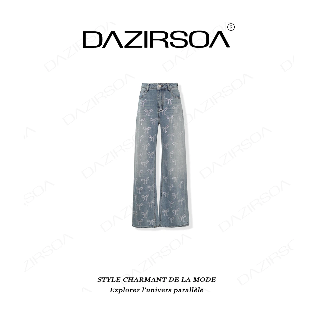 DAZIRSOA/达姿“细节点缀”时尚百搭拼接蝴蝶结烫钻洋气牛仔裤 W906