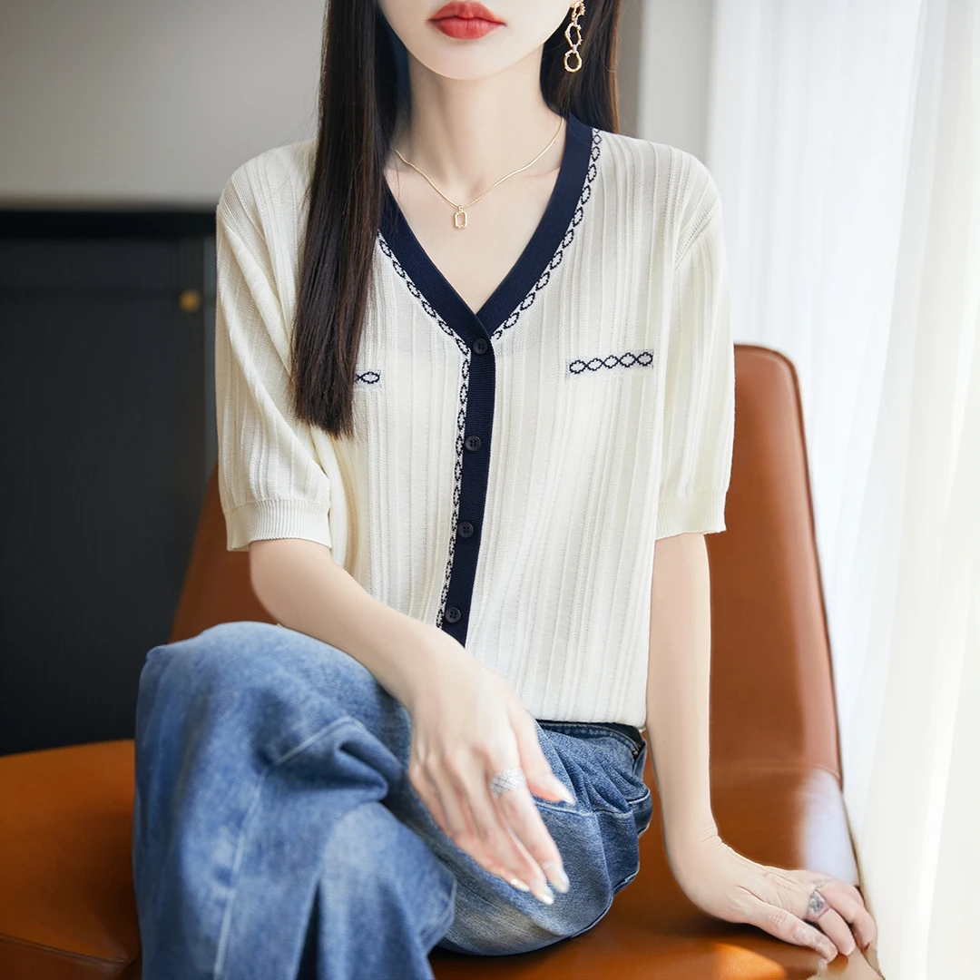 V领100%莱赛尔天丝短袖女T恤夏季薄款时尚撞色上衣宽松显瘦针织衫