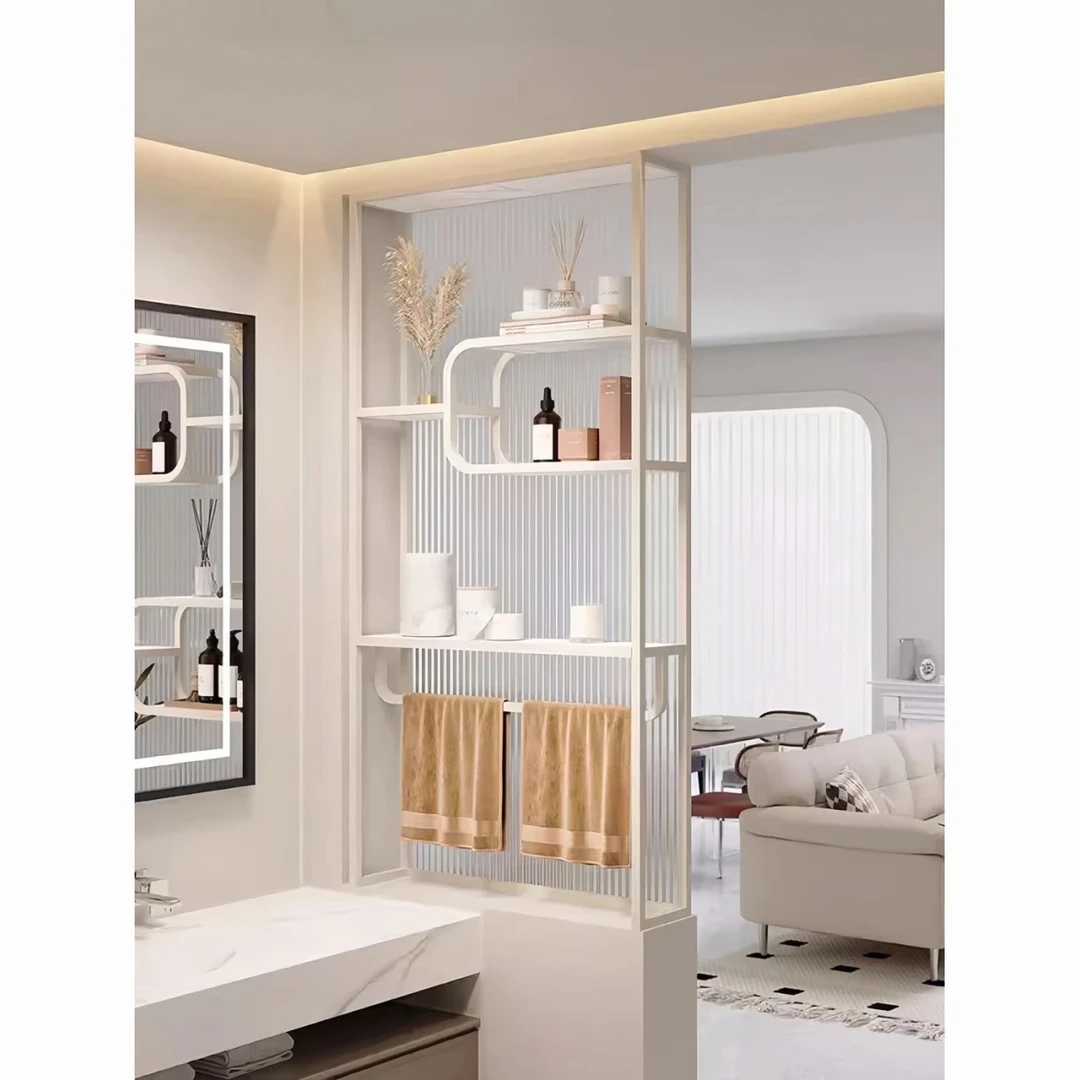 奶油风卫生间洗漱台干湿区置物架长虹玻璃水波纹半墙屏风隔断柜子