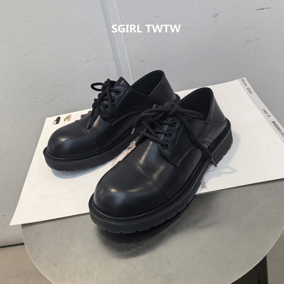 SGIRL TWTW2026年春季新款圆头系带平底英伦风小皮鞋布洛克单鞋女