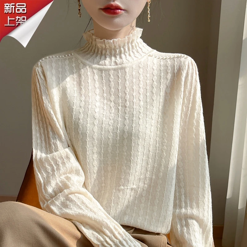 哥弟阿玛施正品花边蕾丝半高领长袖羊毛衫气质显瘦休闲百搭上衣服
