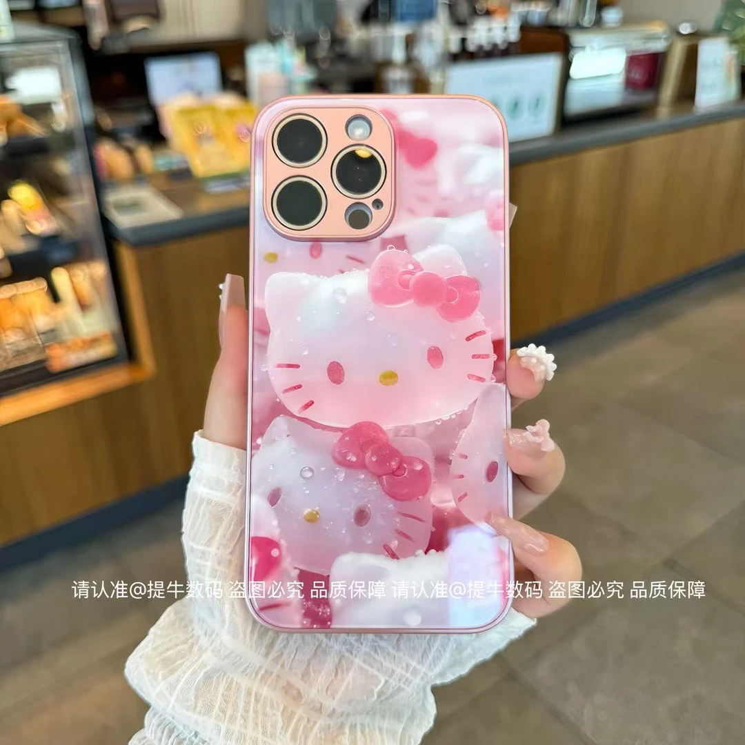 苹果/小米/华为/荣耀/OPPO/VIVO 可爱粉猫咪金属漆钢化玻璃手机壳