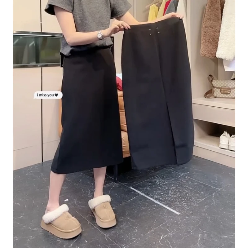 Aimeerosa/艾洛莎高级时尚百搭直筒裙冬季高腰修身显瘦开叉半身裙