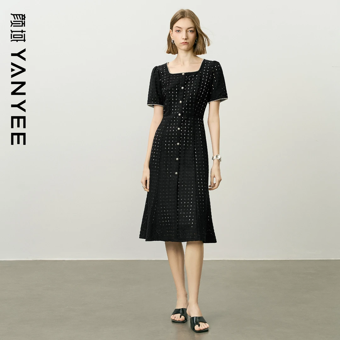 颜域修身显瘦短袖连衣裙女2025年新款简约通勤法式小香风裙子1340