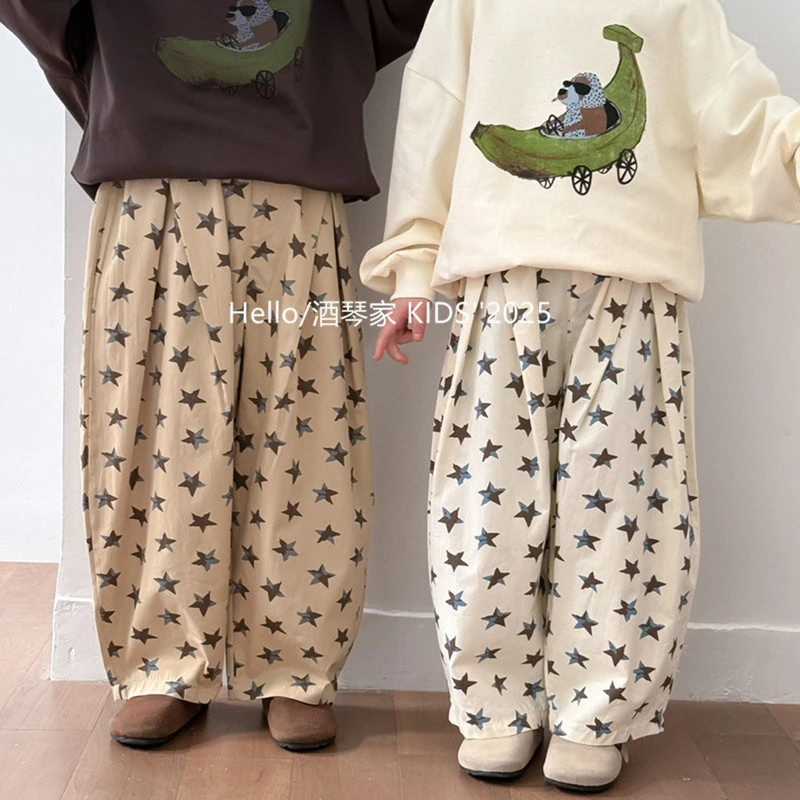 儿童满印五角星休闲宽松裤子春季新品男女童棉布长裤萝卜裤洋气潮