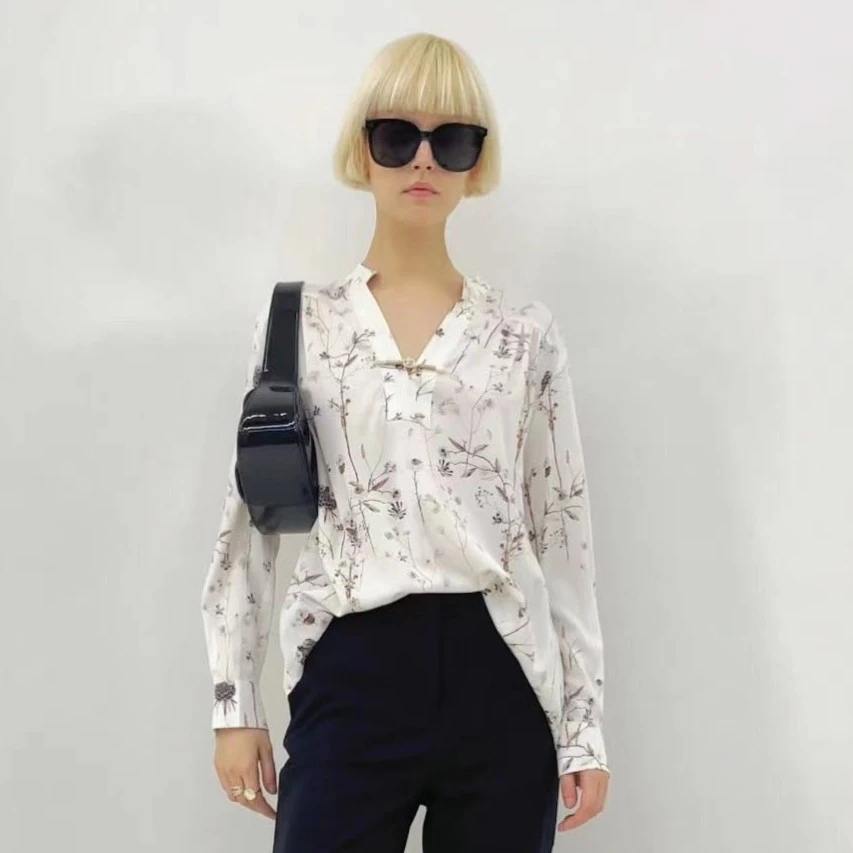 TISUO/绨索优雅复古中国风女士印花上衣气质白色显瘦宽松TS207638