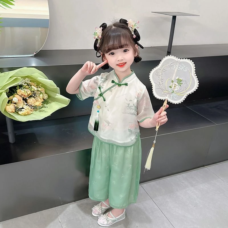 古风汉服女童夏款中国风旗袍儿童新款超仙新中式唐装裤女宝宝套装