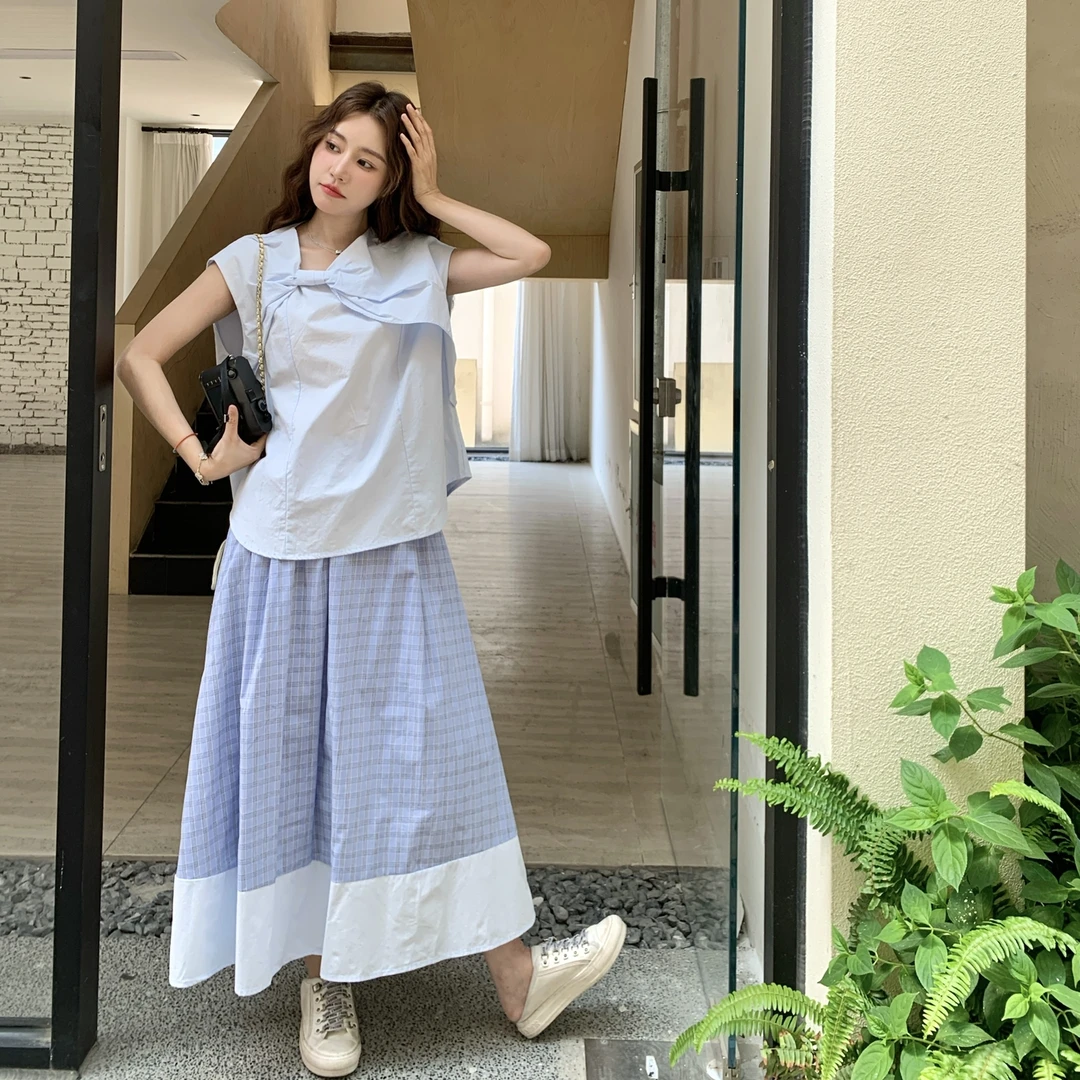 设计感蝴蝶结衬衫撞色格纹半身裙两件套女2025夏季韩系高级感套装