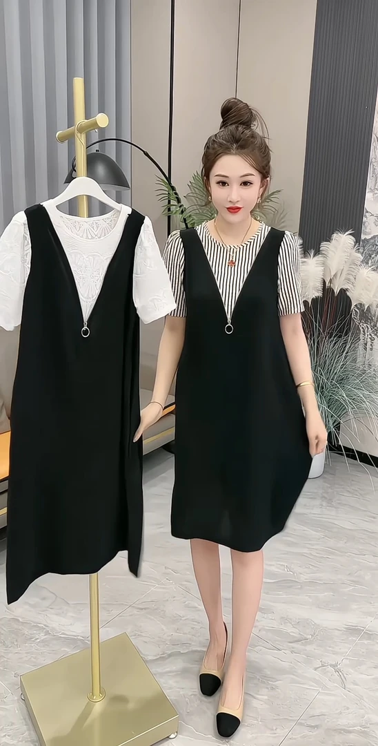 2025夏季新款时尚气质宽松显瘦大码假两件拼接短袖连衣裙气质裙子