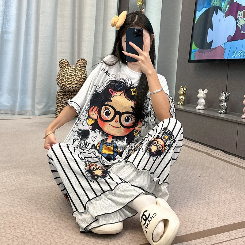 睡衣女春夏季新款半袖薄款卡通休闲韩版宽松家居服套装-275（TZ）NK