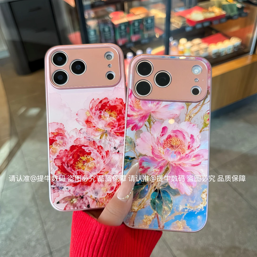 适用苹果17/小米17/荣耀/华为/oppo/vivo 蓝调牡丹金属漆玻璃壳