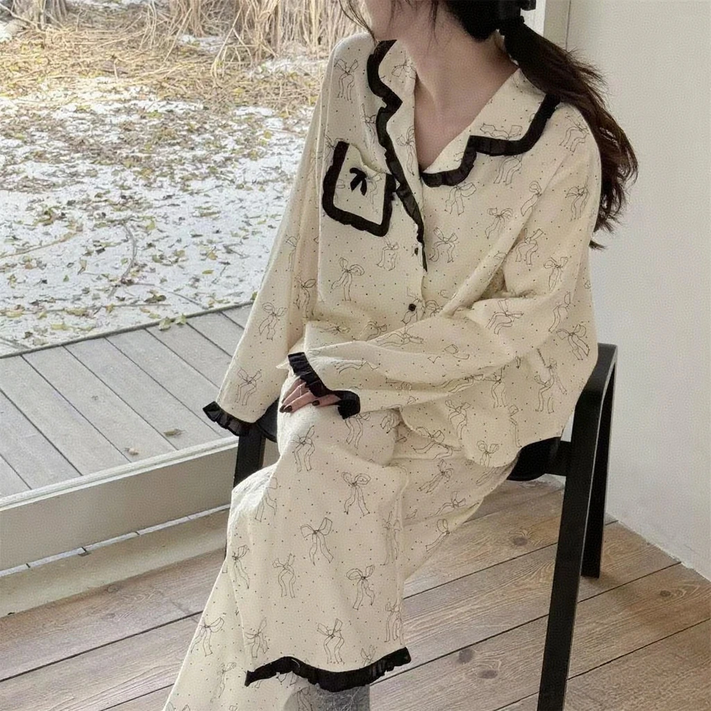 云朵绵春秋睡衣少女长袖套装花边蝴蝶结甜美冬款大码家居服可外穿