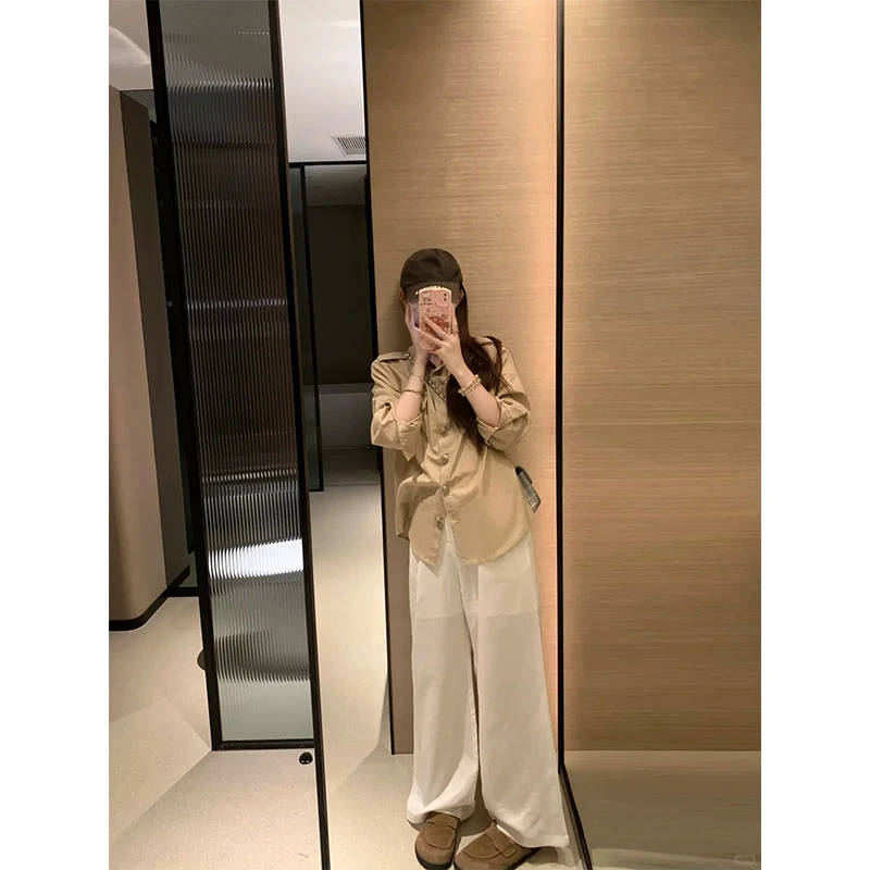 早秋新款2025时尚套装设计感小众洋气口袋长袖衬衫高腰垂感直筒裤