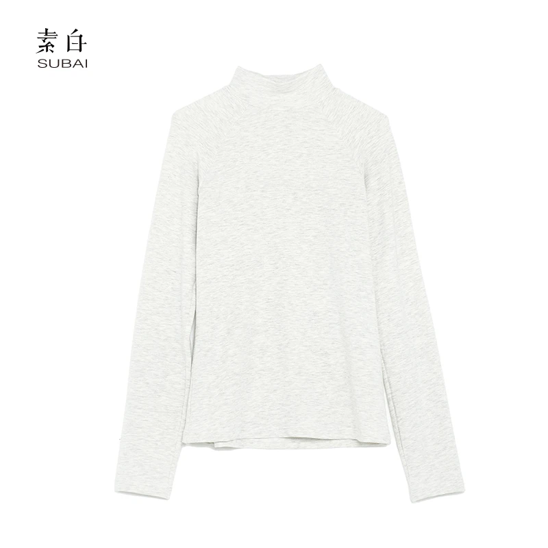 SB3240793358【素白】马乖半高领白灰色丝滑莫代尔棉长袖打底衫T恤