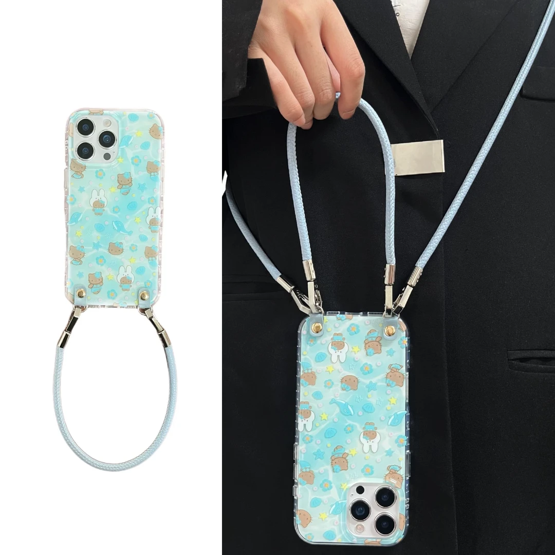 创意蓝色水纹海豚贝壳黑皮kt猫手提适用iPhone16pro手机壳15pro新