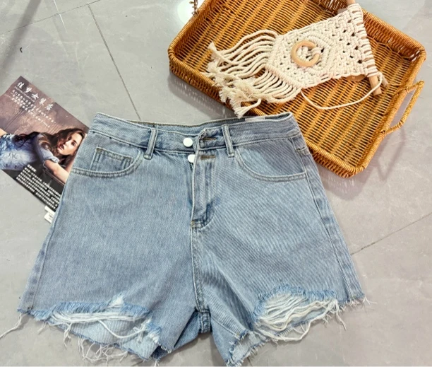 2368复古高腰两粒扣破洞款短裤