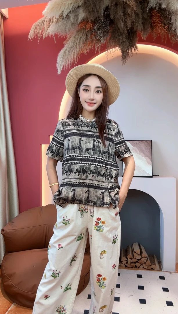 【芊颜家】”小象“夏季女装薄款网红宽松潮流斜襟短袖26923-8