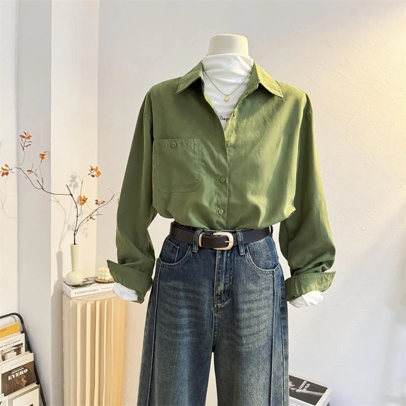 柔丝绒复古绿色长袖衬衫女2025春秋宽松休闲内搭叠穿衬衣港风上衣