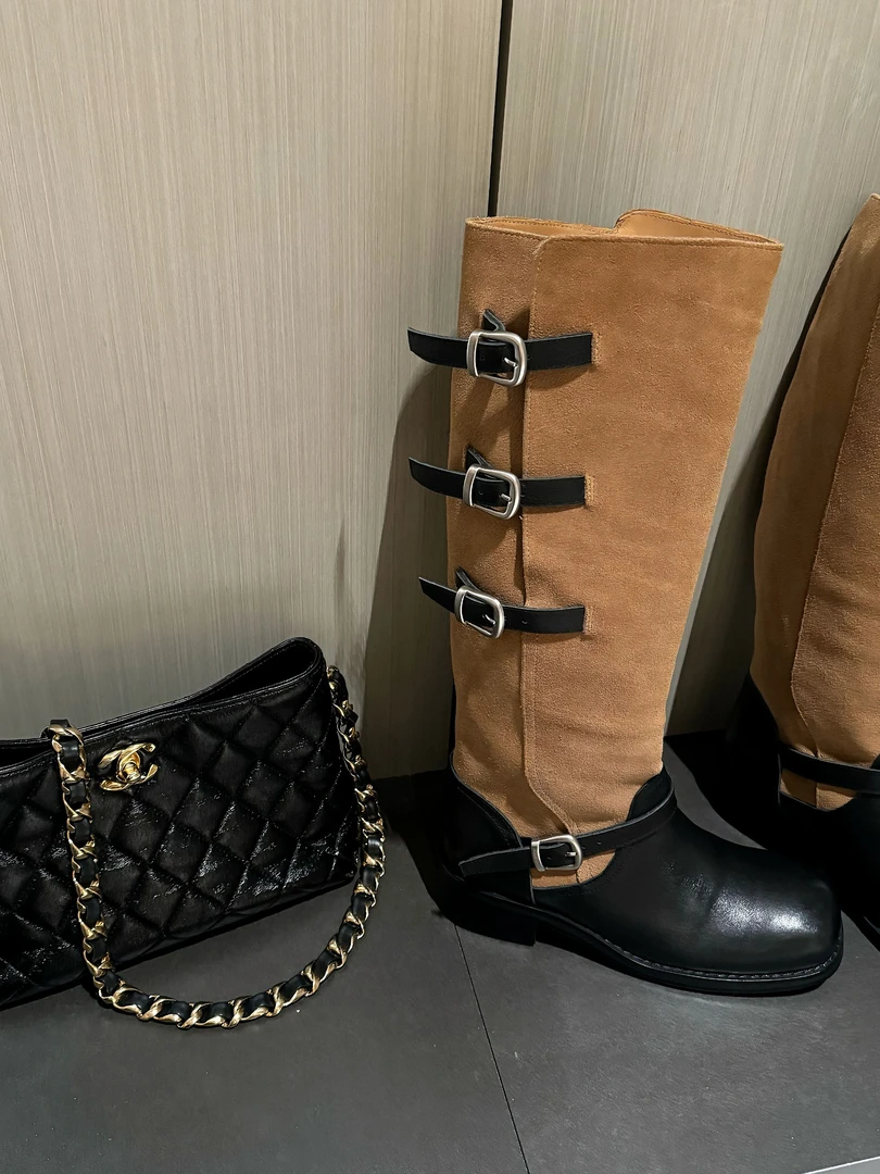 Singularity Me 10A 8414 荔枝纹牛皮皮扣酷飒百搭女骑士靴中筒靴