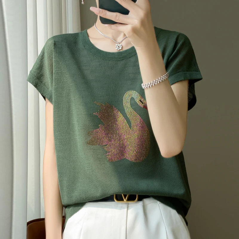 重工烫钻~小天鹅~天然竹节麻 女士圆领薄款短袖T恤宽松大码针织衫