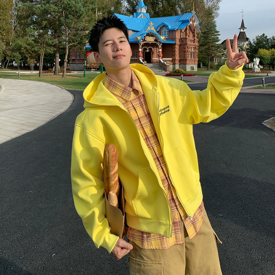 Holocene美式潮牌复古假两件连帽开衫卫衣秋季宽松拉链外套MC8609