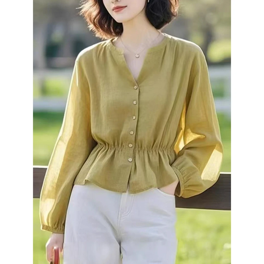 小众穿搭超好看独特漂亮老钱风亚麻芥末绿色棉麻衬衫女士上衣