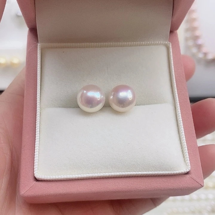 耳饰淡水珍珠银S925镶嵌9-10白透粉