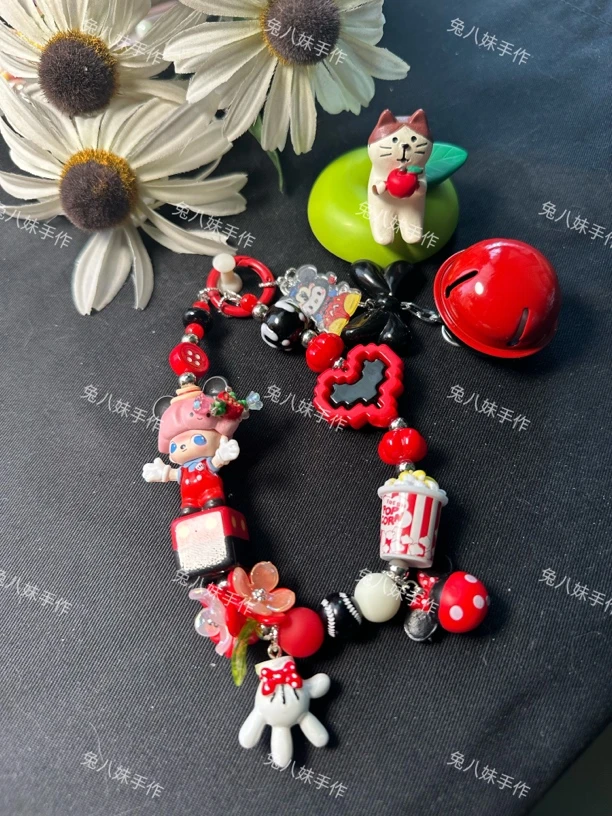 手工原创米奇抱抱萌粒手机挂绳短款清新挂饰  配珠萌粒可以定制