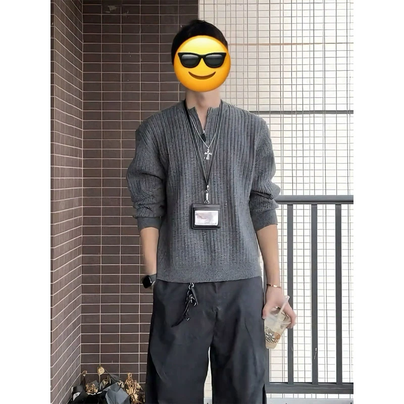 拉夫老钱风坑条肌理半拉链毛衣男秋冬美式复古慵懒风高级感针织衫