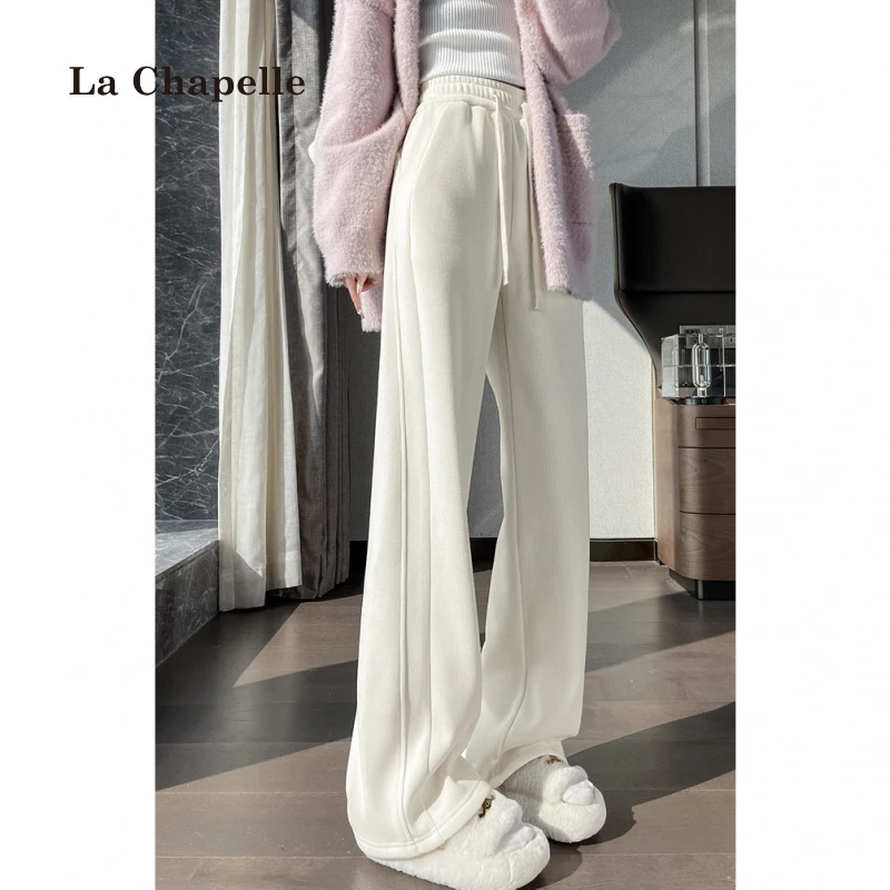 拉夏贝尔条绒雪尼尔阔腿裤女休闲秋冬季加绒慵懒风针织灯芯绒裤子