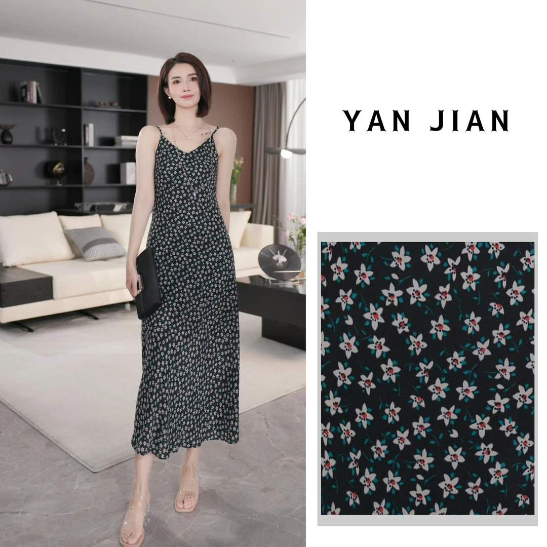 YAN JIAN【小雏菊】强捻凉感双绉纱45度斜裁V领肩带可调节吊带裙