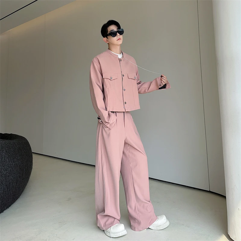 早秋高级粉红短款夹克套装男小众金属吊绳西装直筒阔腿长裤两件套