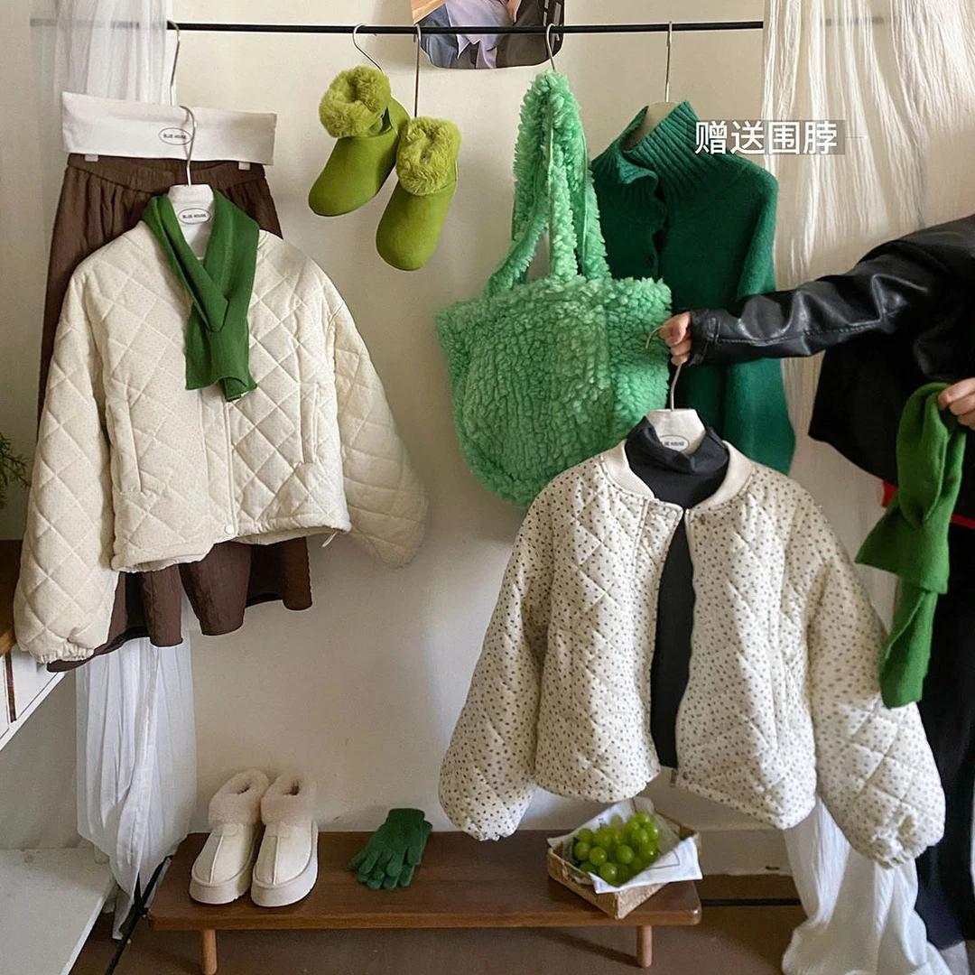 日系小个子围脖菱格波点碎花棉服外套女冬棒球领拉链保暖棉衣棉袄