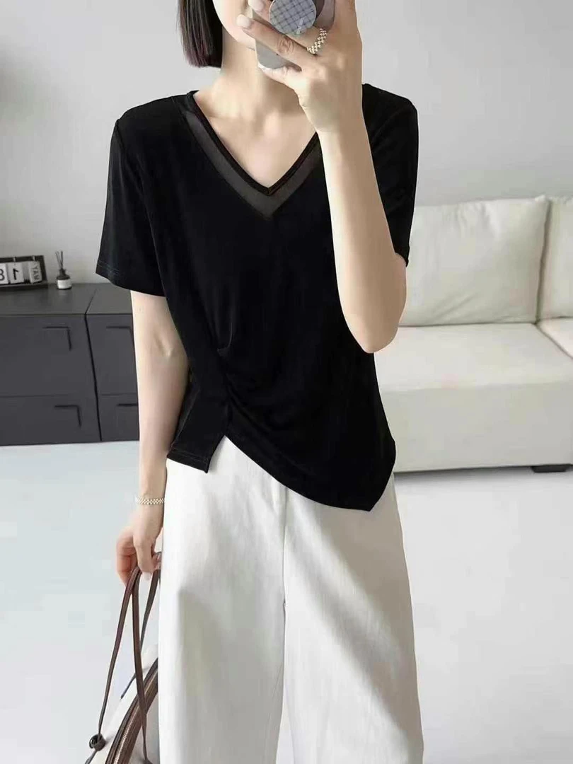 5552井戴戴V领休闲宽松时尚拼接上衣