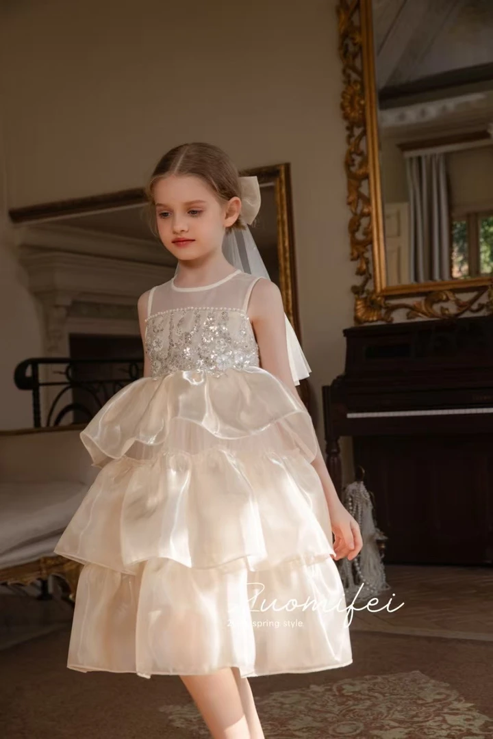 七禧童装2025年春夏新品单品仙女裙公主裙米色亮片蛋糕裙