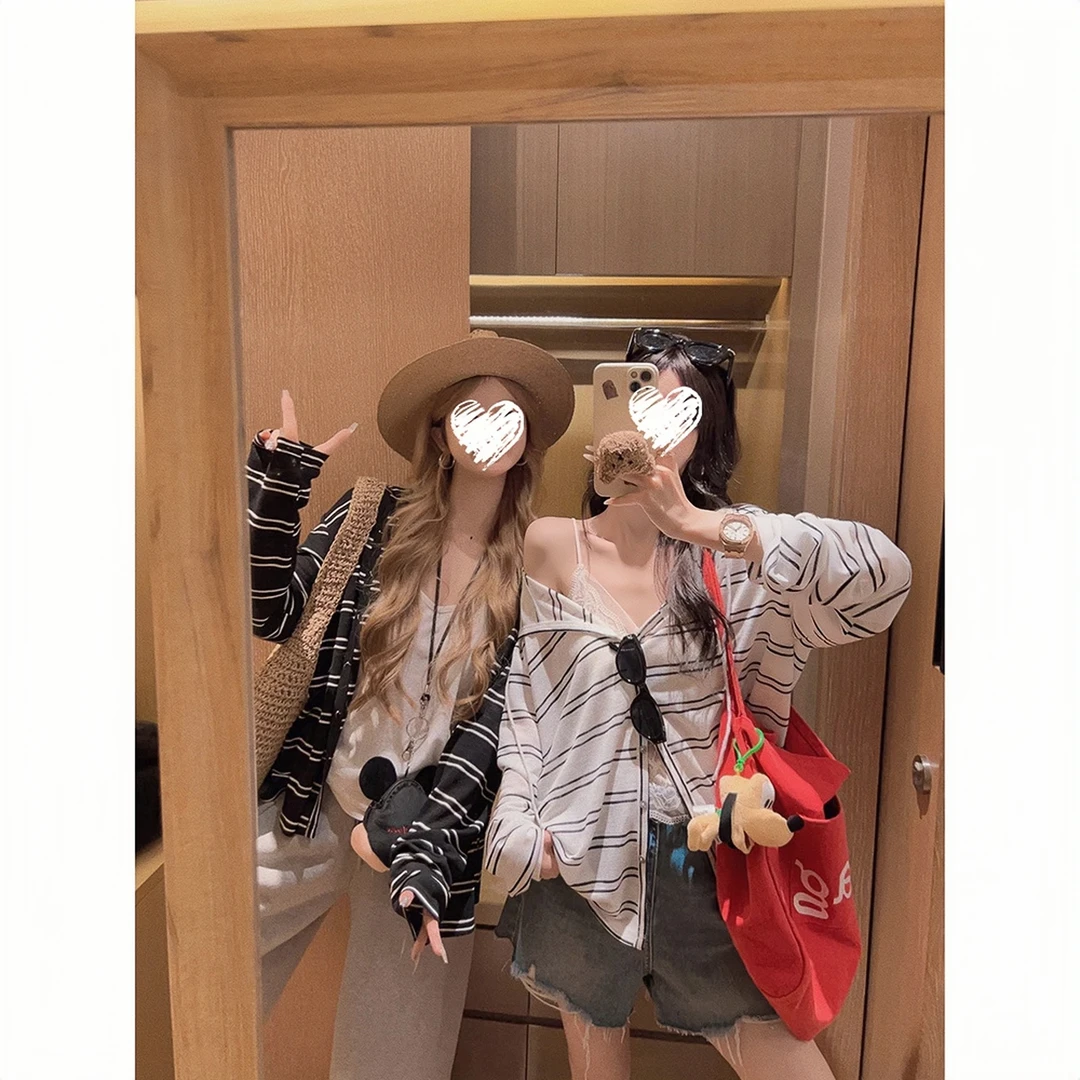 CKKOR夏季透气防晒连帽开衫慵懒风长袖t恤女复古休闲条纹纽扣上衣