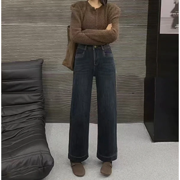 719冬季加厚加毛北极绒弹力百搭高腰直筒裤显瘦保暖牛仔裤女生