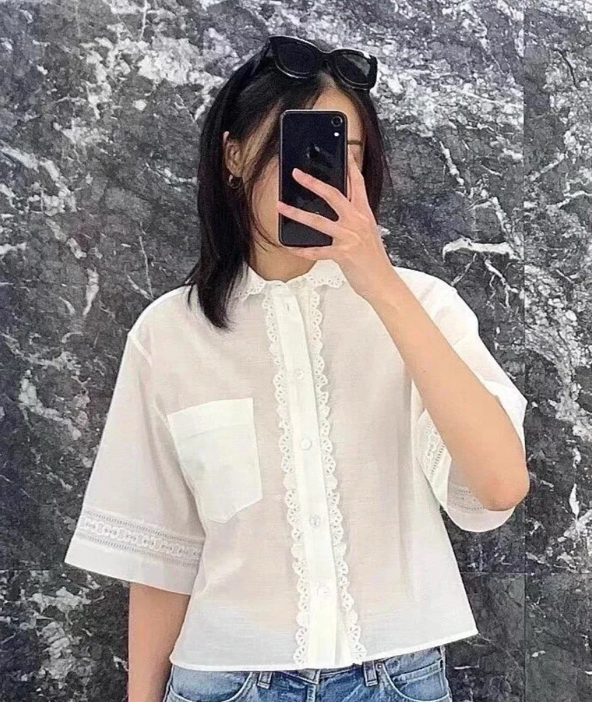 99新 Celine/思琳 白色绣花衬衣 Lisa同款 34码