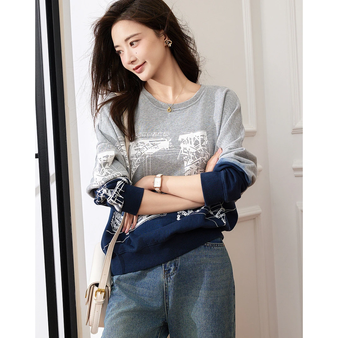 【小云总专属】德·玛纳时髦渐变休闲卫衣新棉质圆领宽松微弹卫衣女