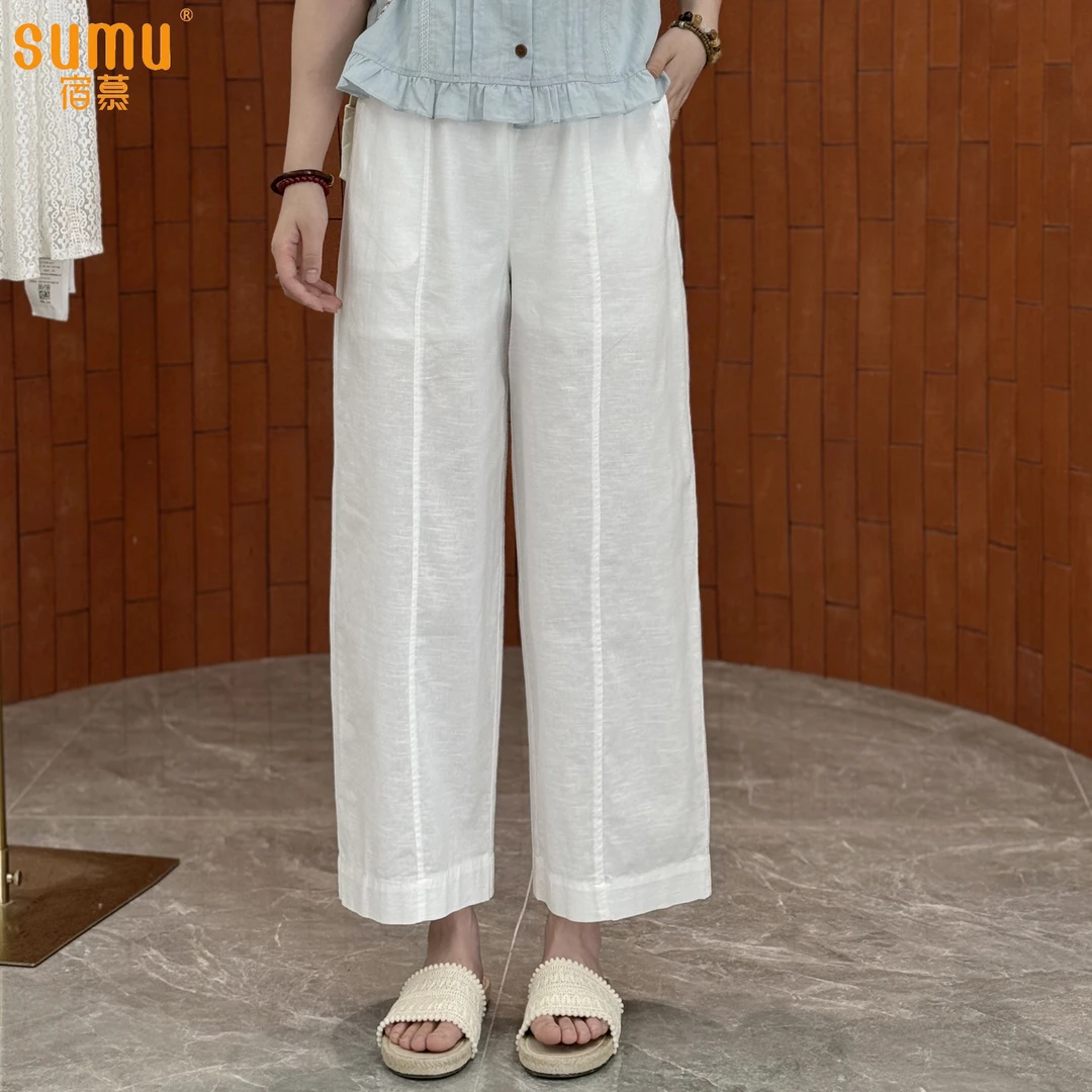 宿慕SUMU女士夏季麻料休闲裤新款舒适百搭松紧腰宽松九分裤B6909V