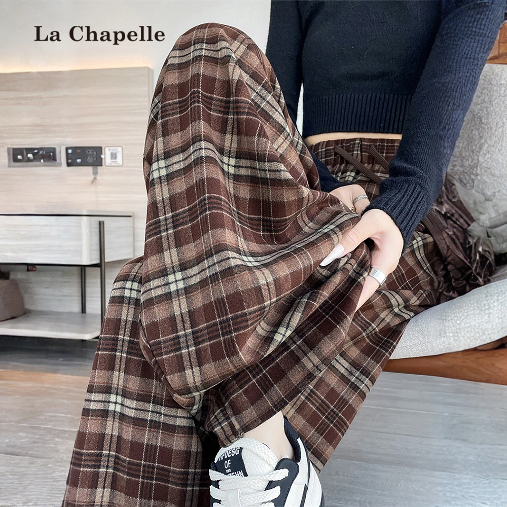 拉夏贝尔慵懒风格子弯刀裤阔腿裤女2025秋冬高腰显瘦休闲拖地裤子