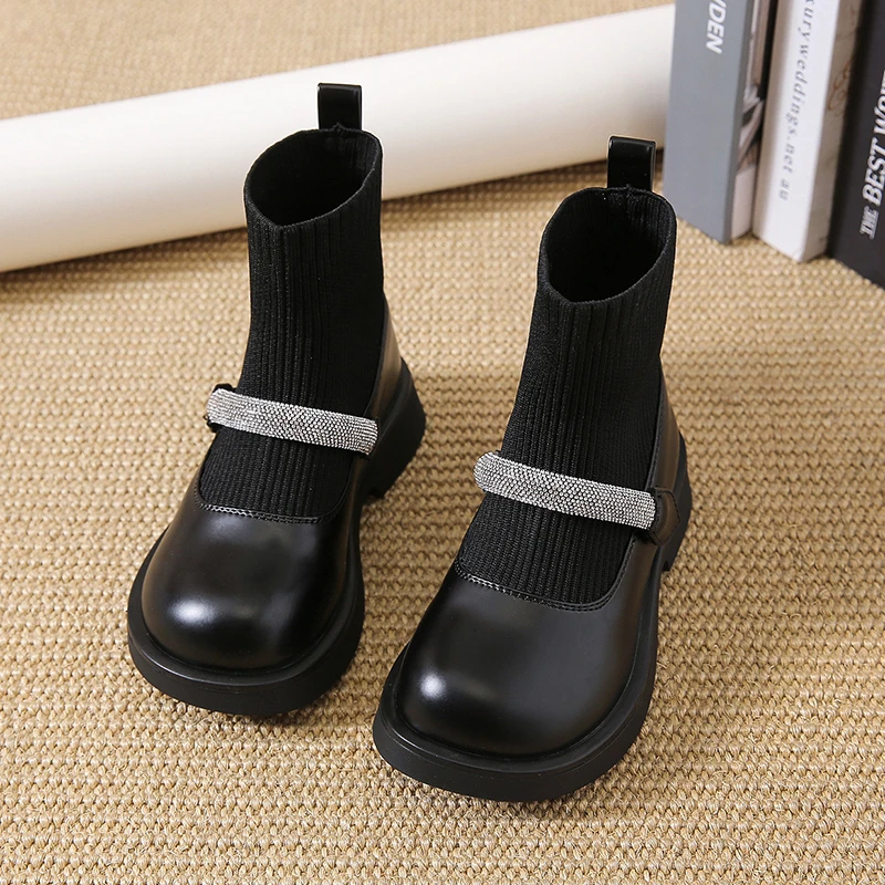 女童靴子2025秋冬新款儿童加绒袜靴小女孩黑色皮靴洋气软底公主鞋