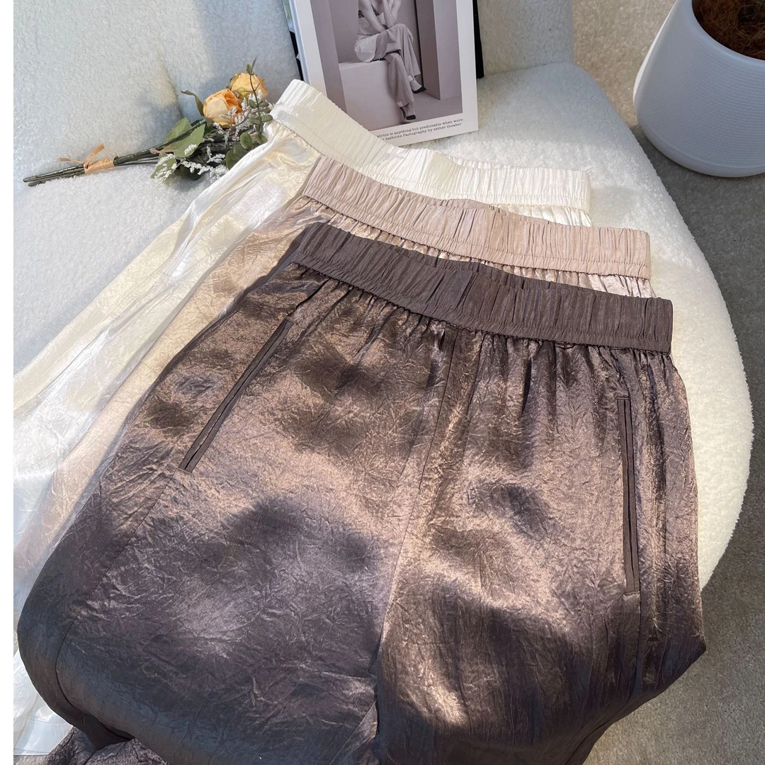 100%龟裂纹醋酸高品质窄版阔腿裤显瘦显高直筒阔腿高腰裤