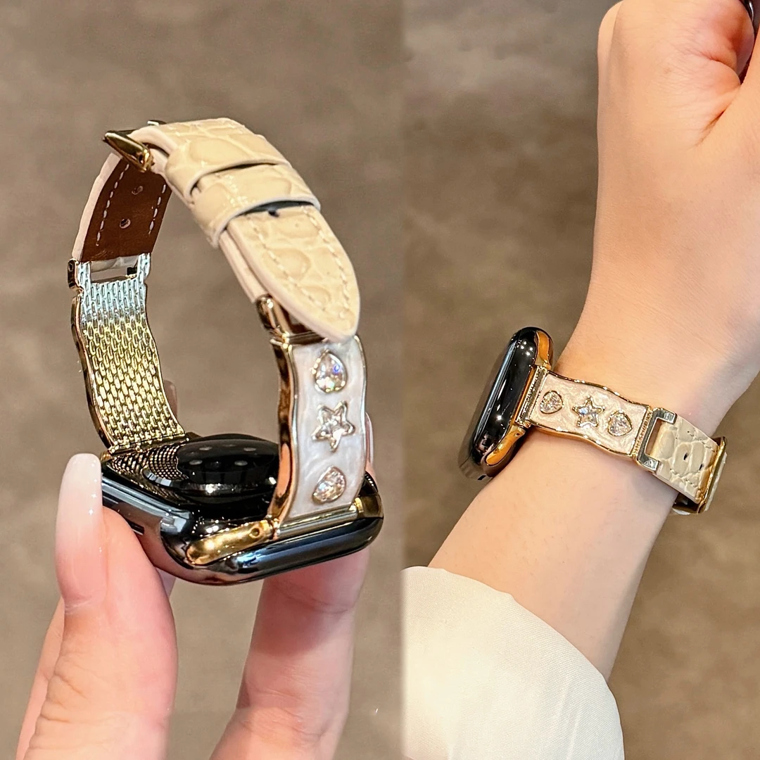 新款心星镶钻拼鳄鱼皮iWatchS11表带适用苹果S10s98华为FIT4/Fit3